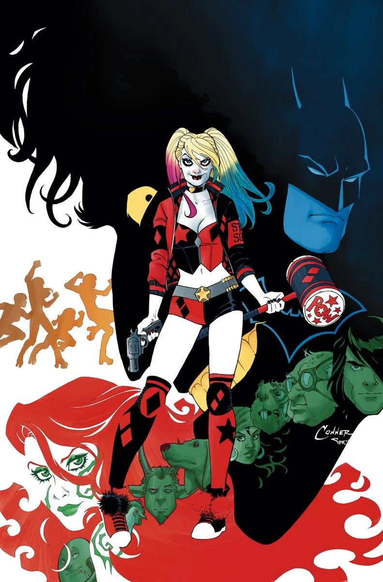 Harley Quinn posing with Batman in the background on a comic cover