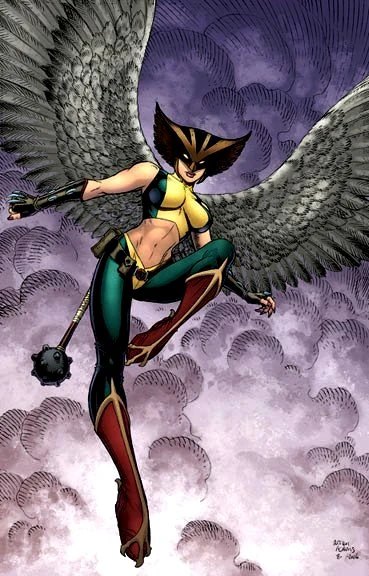 Comic art of Hawkgirl, Kendra Saunders, flying with a mace