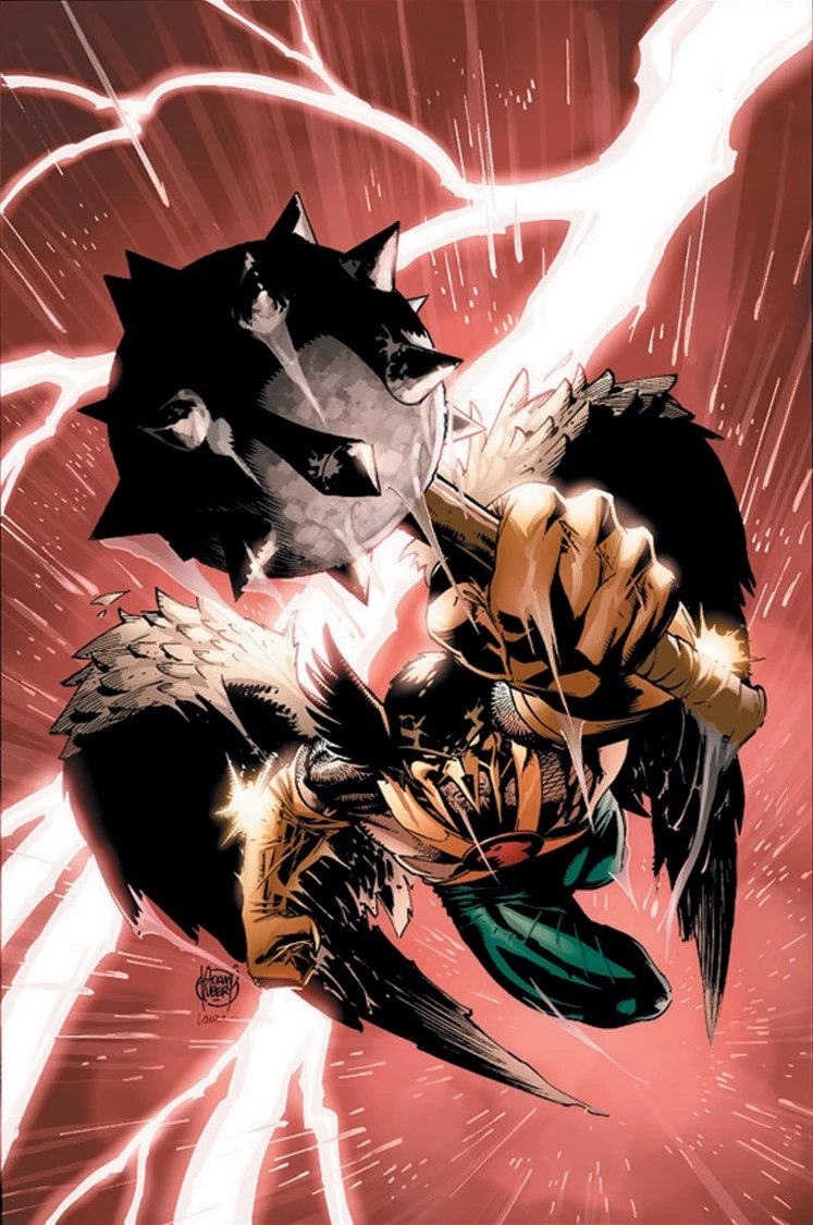 Comic art of Hawkman, Carter Hall, in flight with his mace and wings