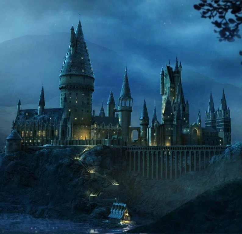 Hogwarts Castle lit at night above the lake