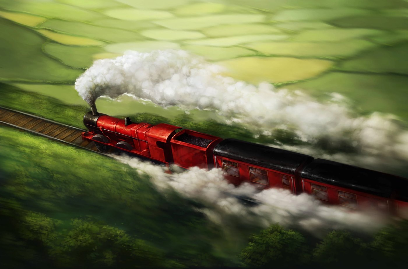 The Hogwarts Express steam train crossing countryside