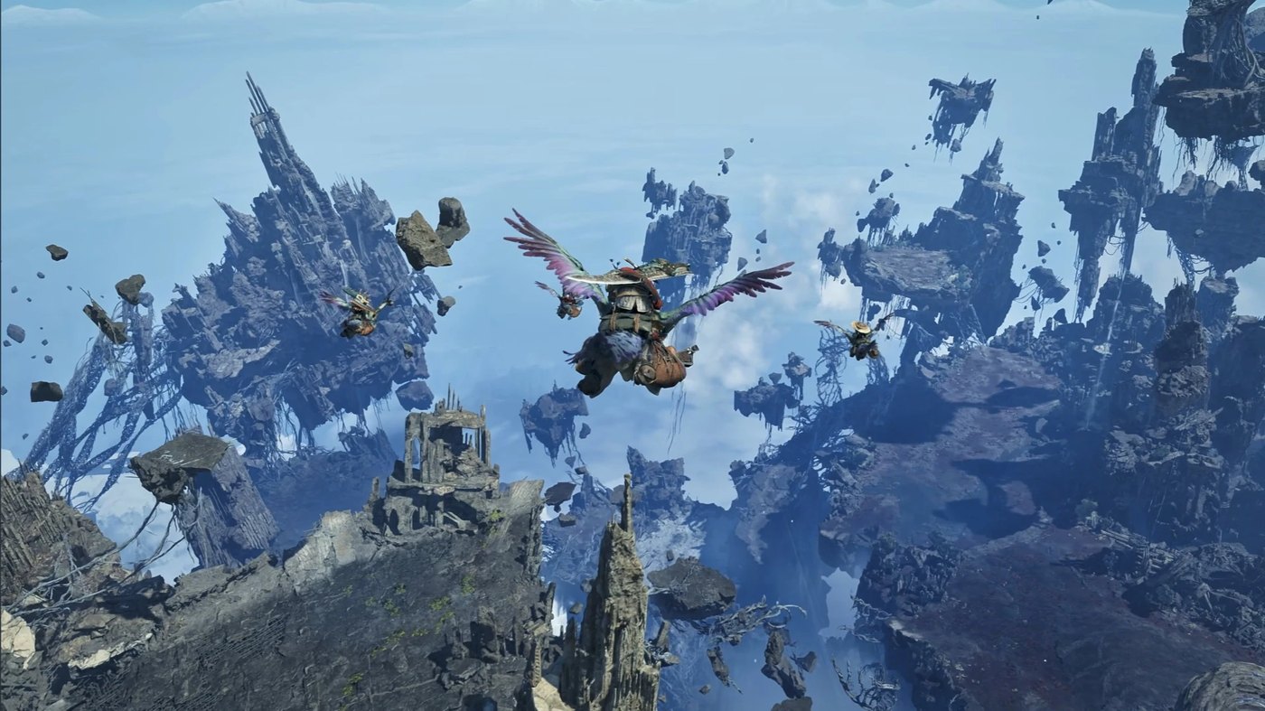 Three hunters riding Seikret mounts gliding between floating rock islands in the Ascendance expansion