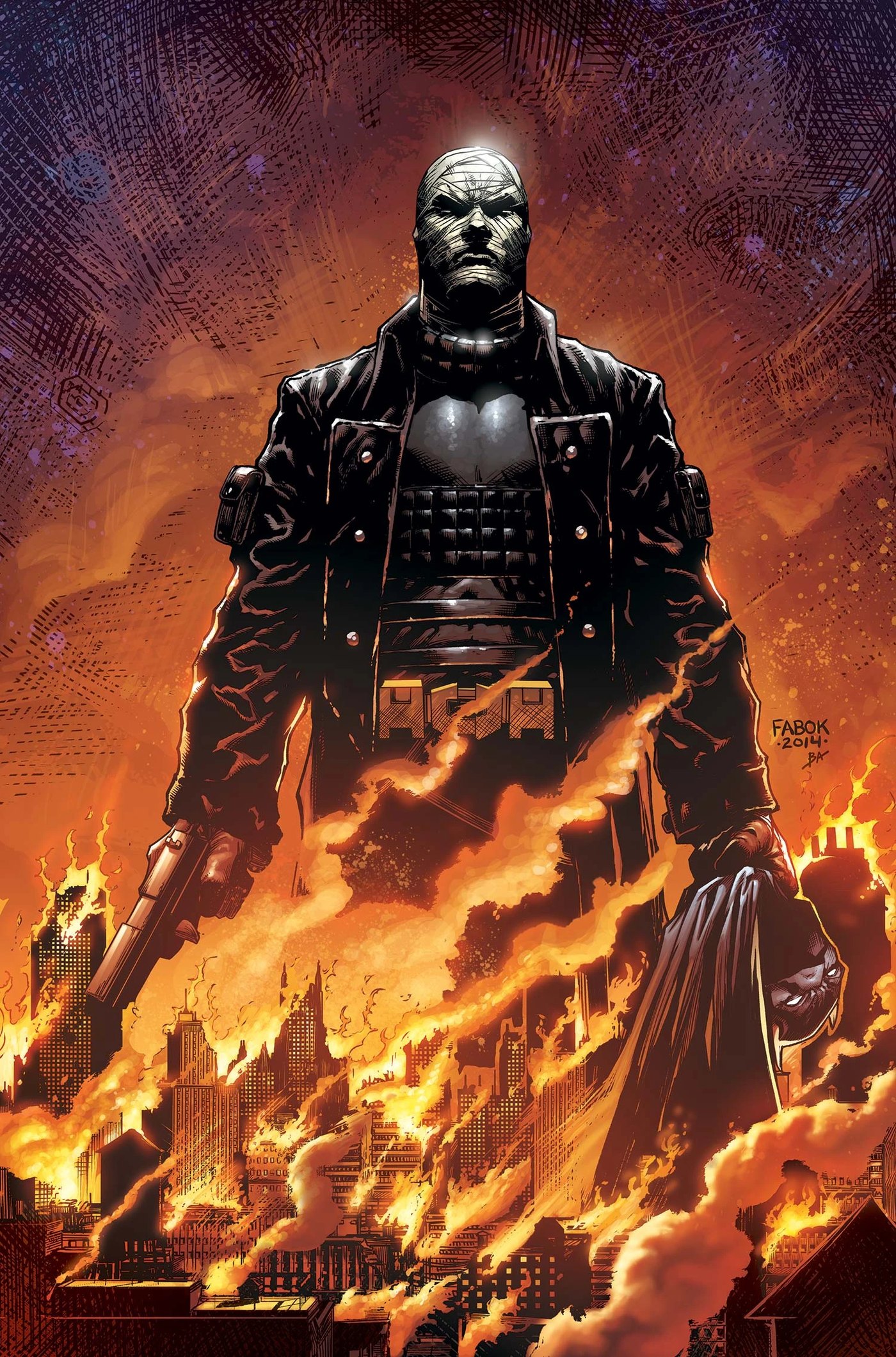 Hush standing bandaged in front of a burning Gotham on a comic cover