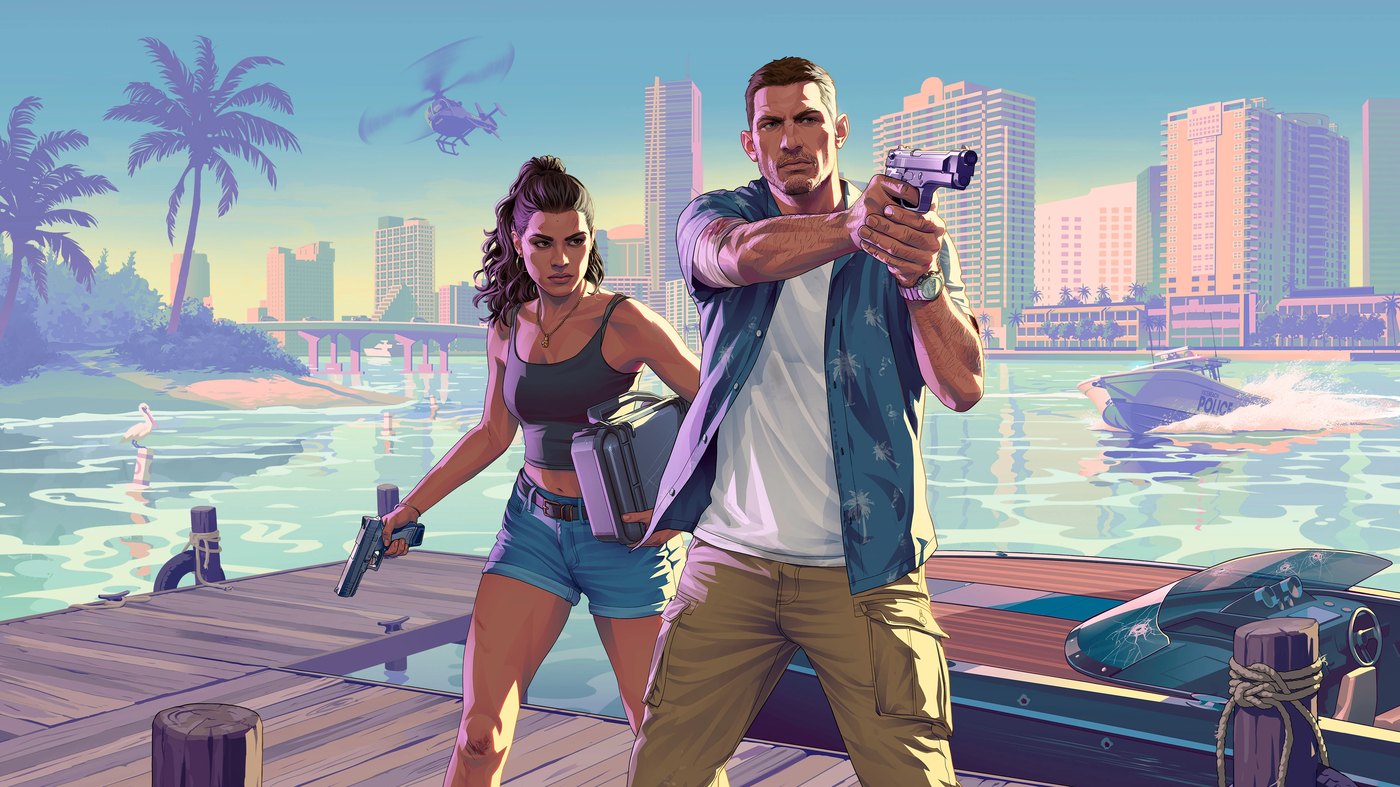 Jason and Lucia standing on a dock in official Grand Theft Auto VI artwork