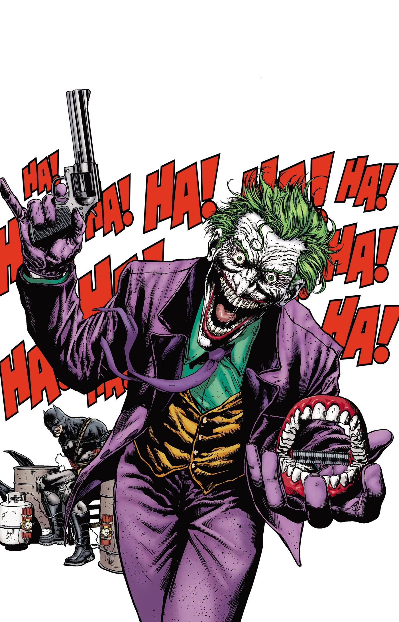 The Joker grinning while holding a gun on a Batman comic cover