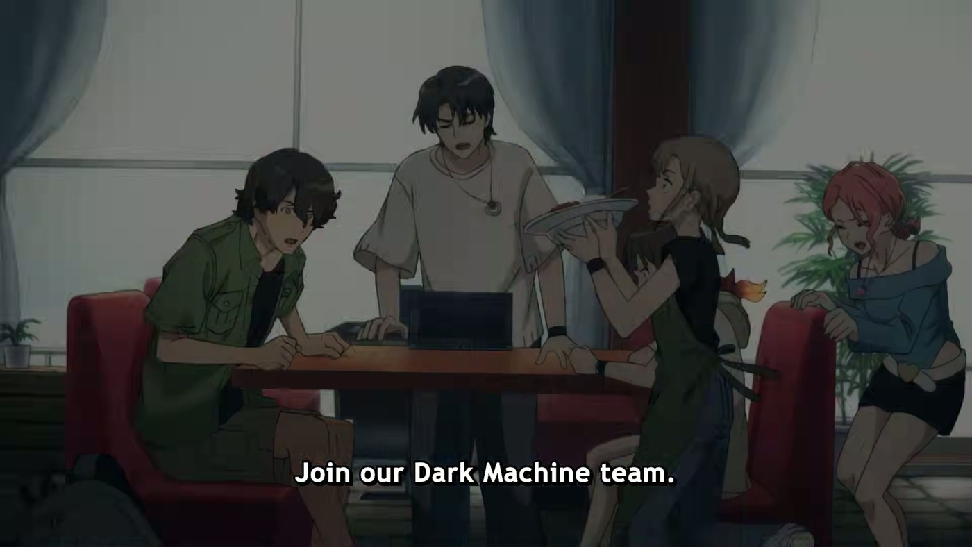 Four teenagers gather around a laptop at a restaurant table as one is recruited to join a Dark Machine team.