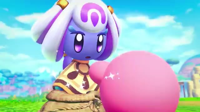 Close-up of the new purple and white-haired companion character in Kirby and the World Beyond
