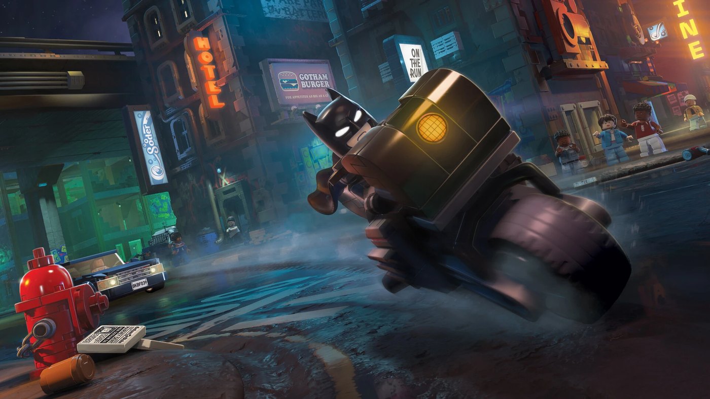 LEGO Batman minifigure in a rain-soaked Gotham City street