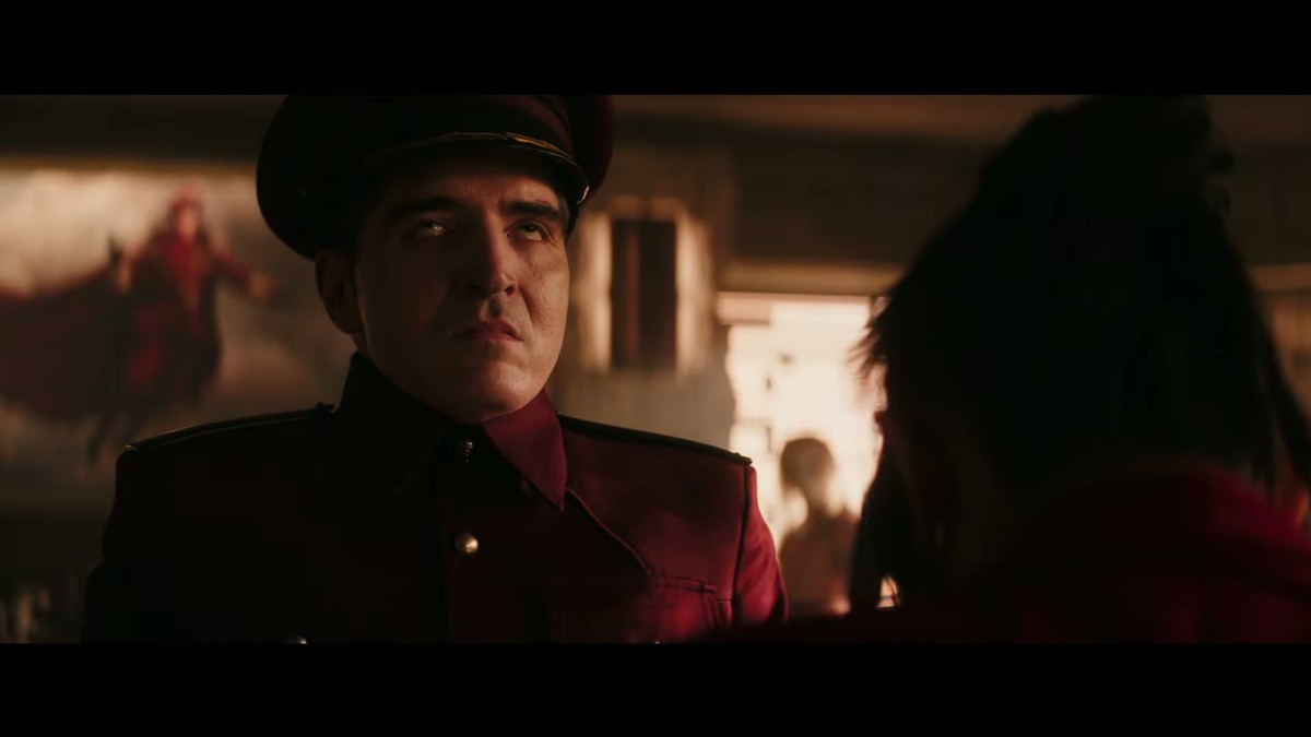 A commander in a red military tunic and peaked cap in the Street Fighter trailer