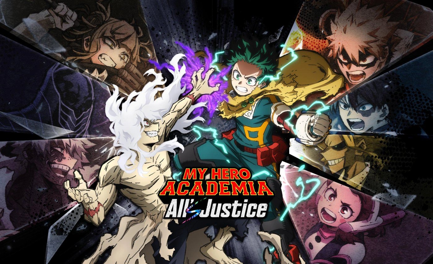 MY HERO ACADEMIA: All's Justice key art featuring Class 1-A heroes and villains