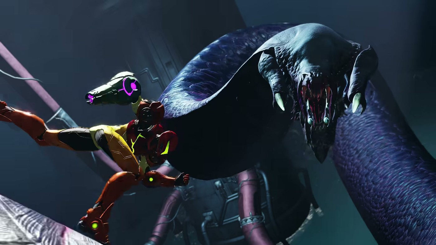 Samus Aran airborne and closing on a massive serpent-like creature in the Metroid Ravenous reveal trailer