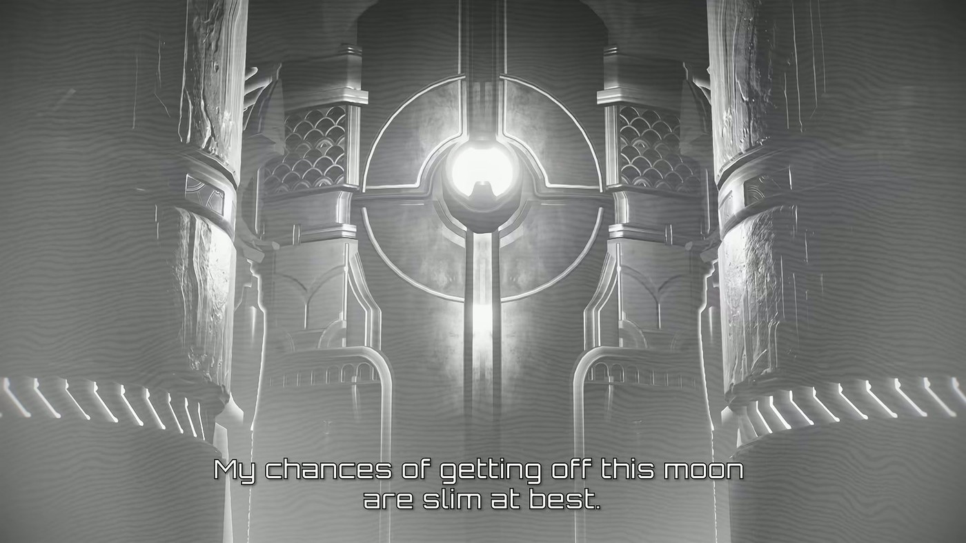 Ancient stone ruins with a glowing orb symbol in the Metroid Ravenous reveal trailer