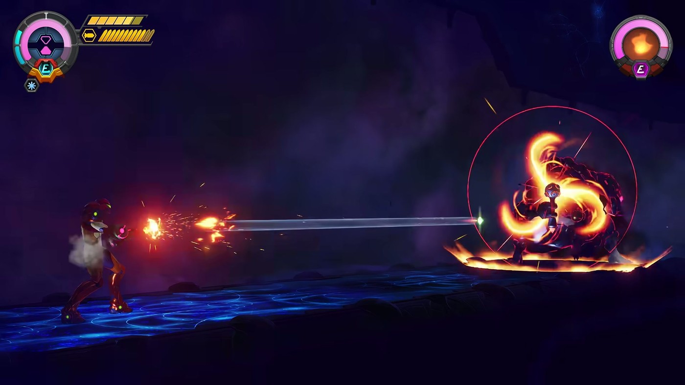 Gameplay footage of Samus using the new drain ability on an enemy in Metroid Ravenous