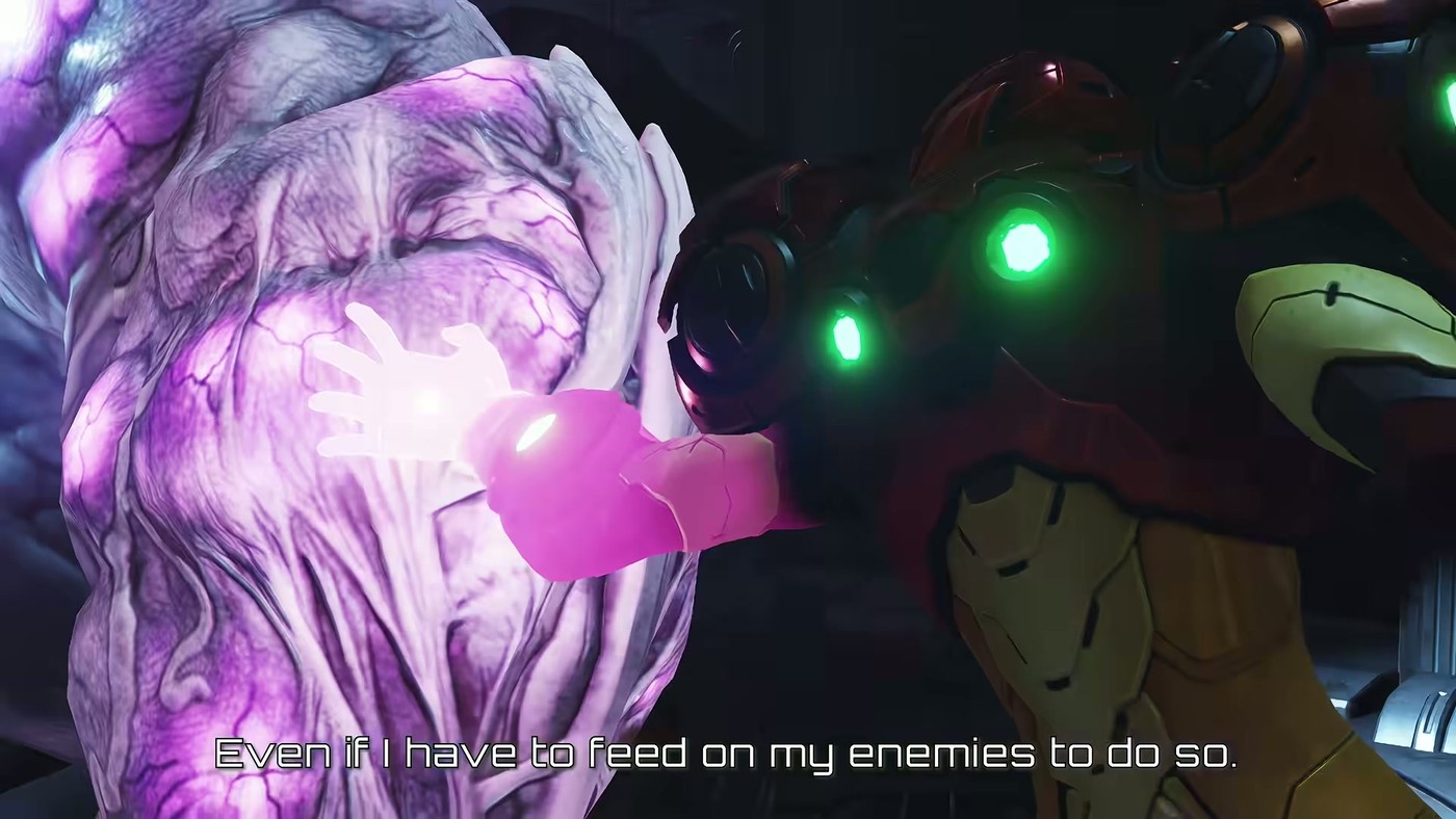 A massive pale purple veined creature reaches a glowing hand toward Samus in the Metroid Ravenous reveal trailer