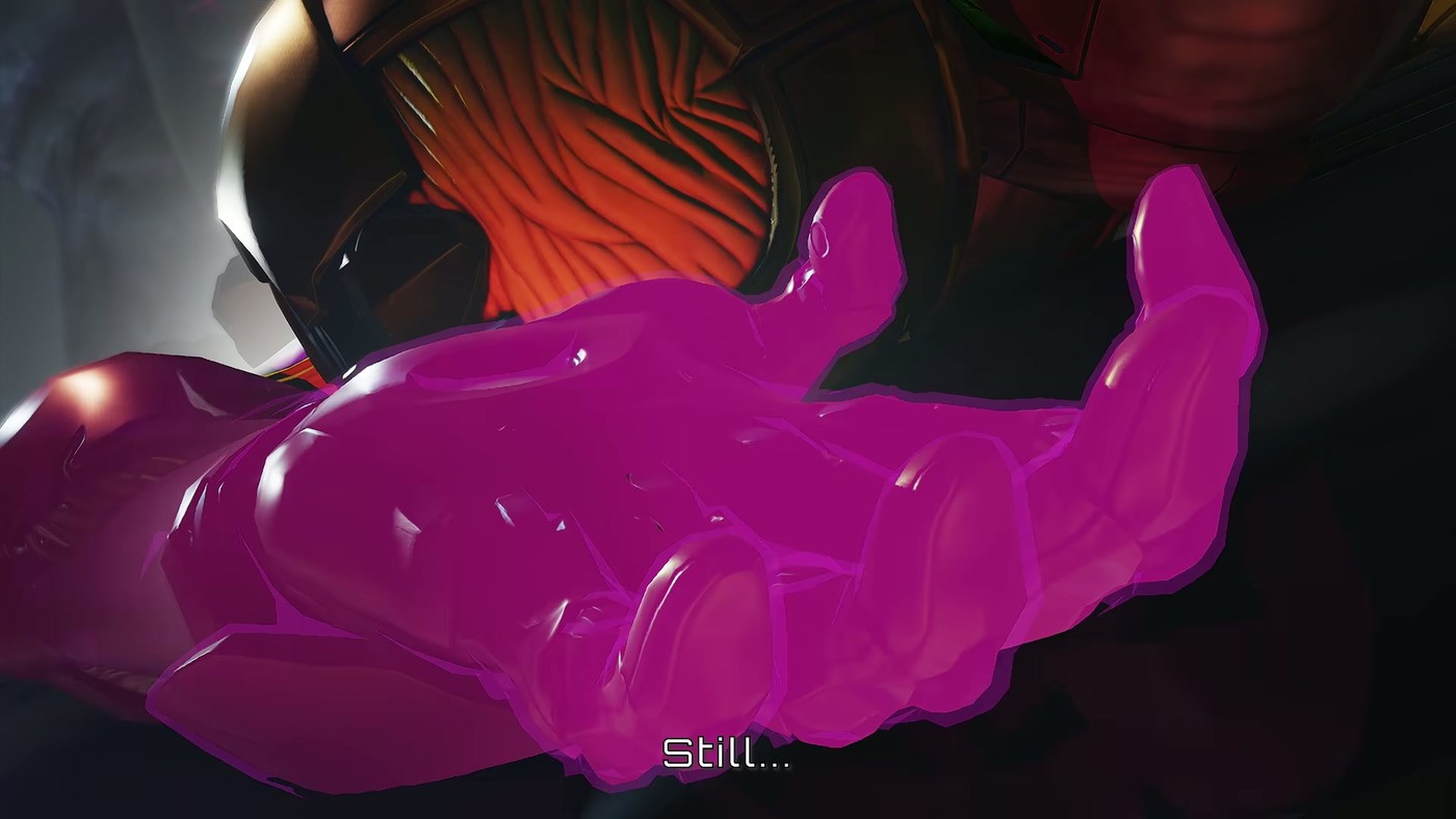A pink gelatinous claw reaches toward Samus Aran in the Metroid Ravenous reveal trailer