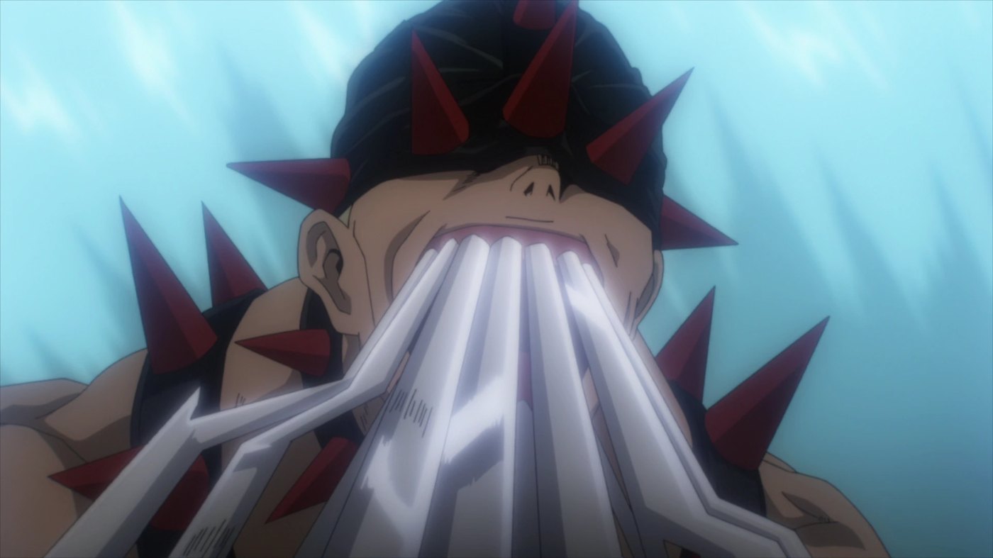 Moonfish extending his bladed teeth using his Blade-Tooth Quirk in My Hero Academia