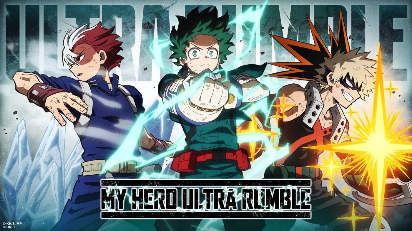 MY HERO ULTRA RUMBLE title screen with Deku, Bakugo and other heroes