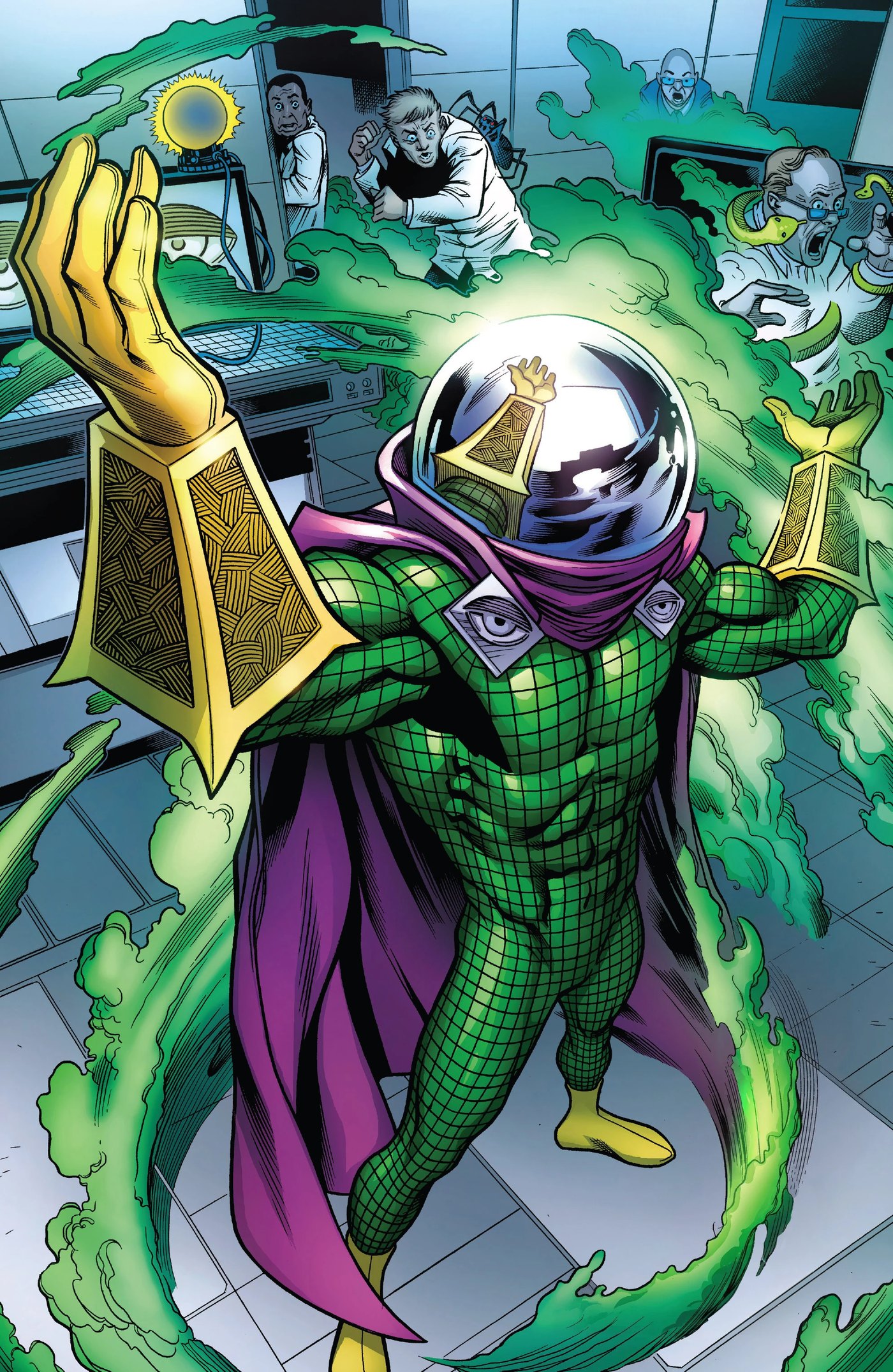 Mysterio, Quentin Beck in cape and fishbowl helmet, Marvel Comics art