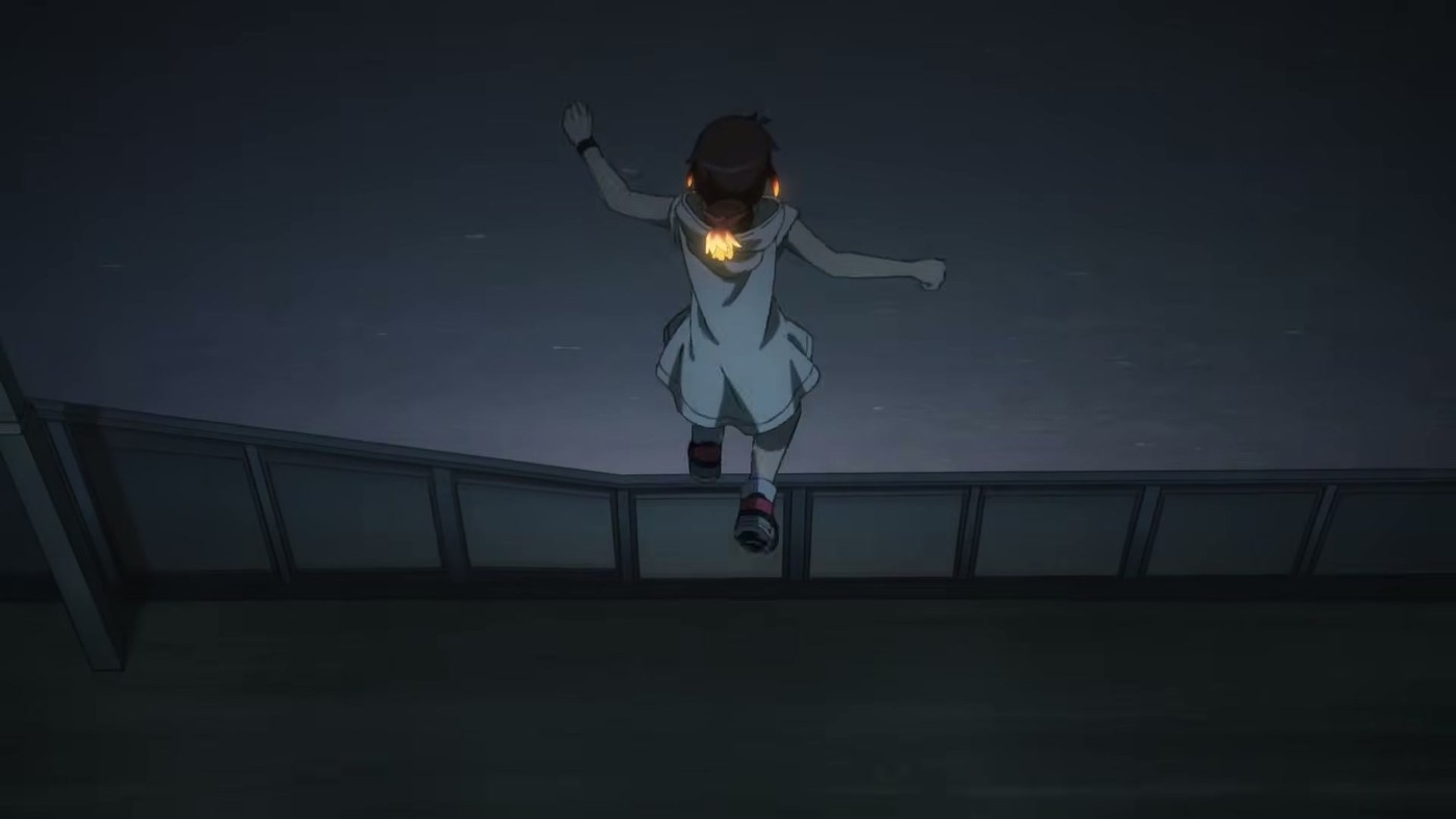 A small figure sprints along a railing at night, glowing marks visible on their back, in the Dark Machine the Animation trailer.