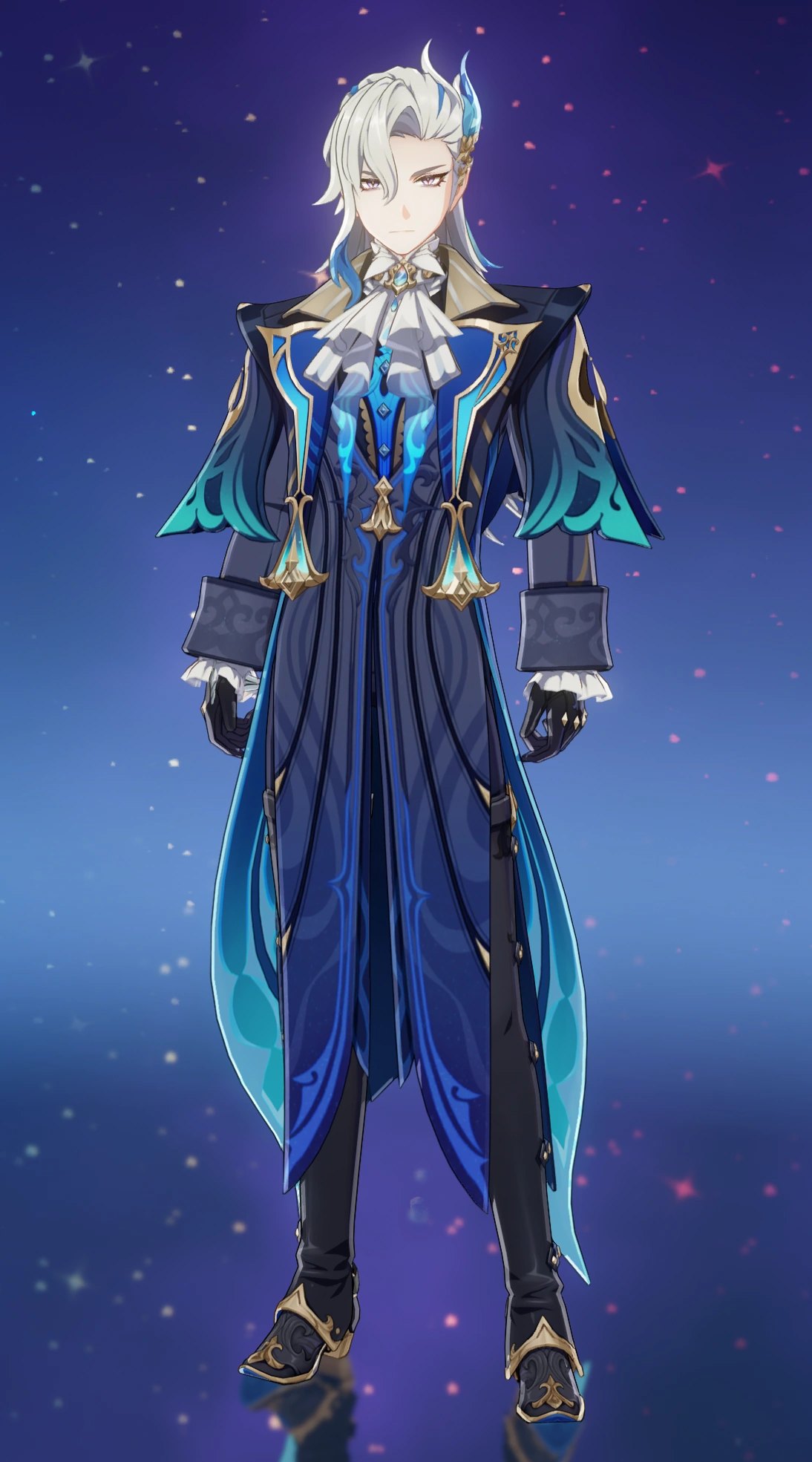 Neuvillette, a 5-star Hydro character in Genshin Impact, standing in his formal attire