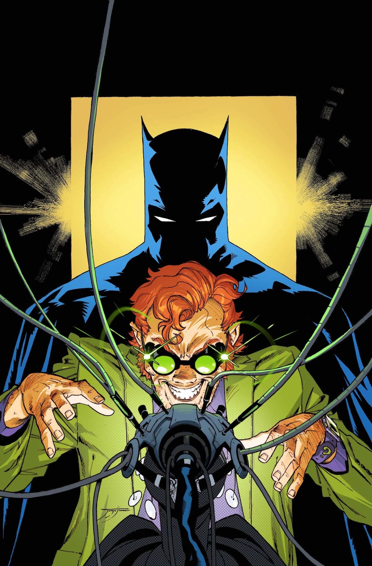 The Riddler in green with question marks on a comic cover
