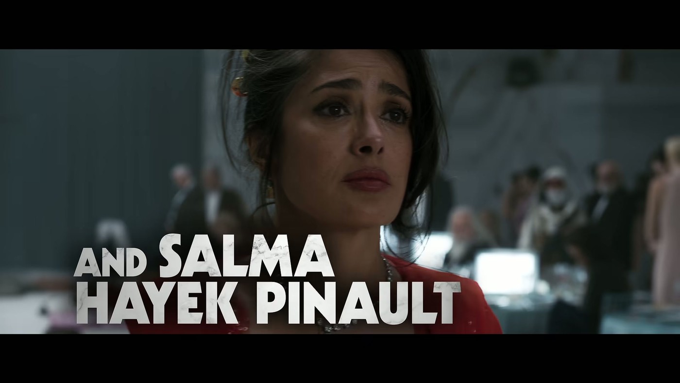 Salma Hayek Pinault mid-scream, cast card from the Sacrifice trailer