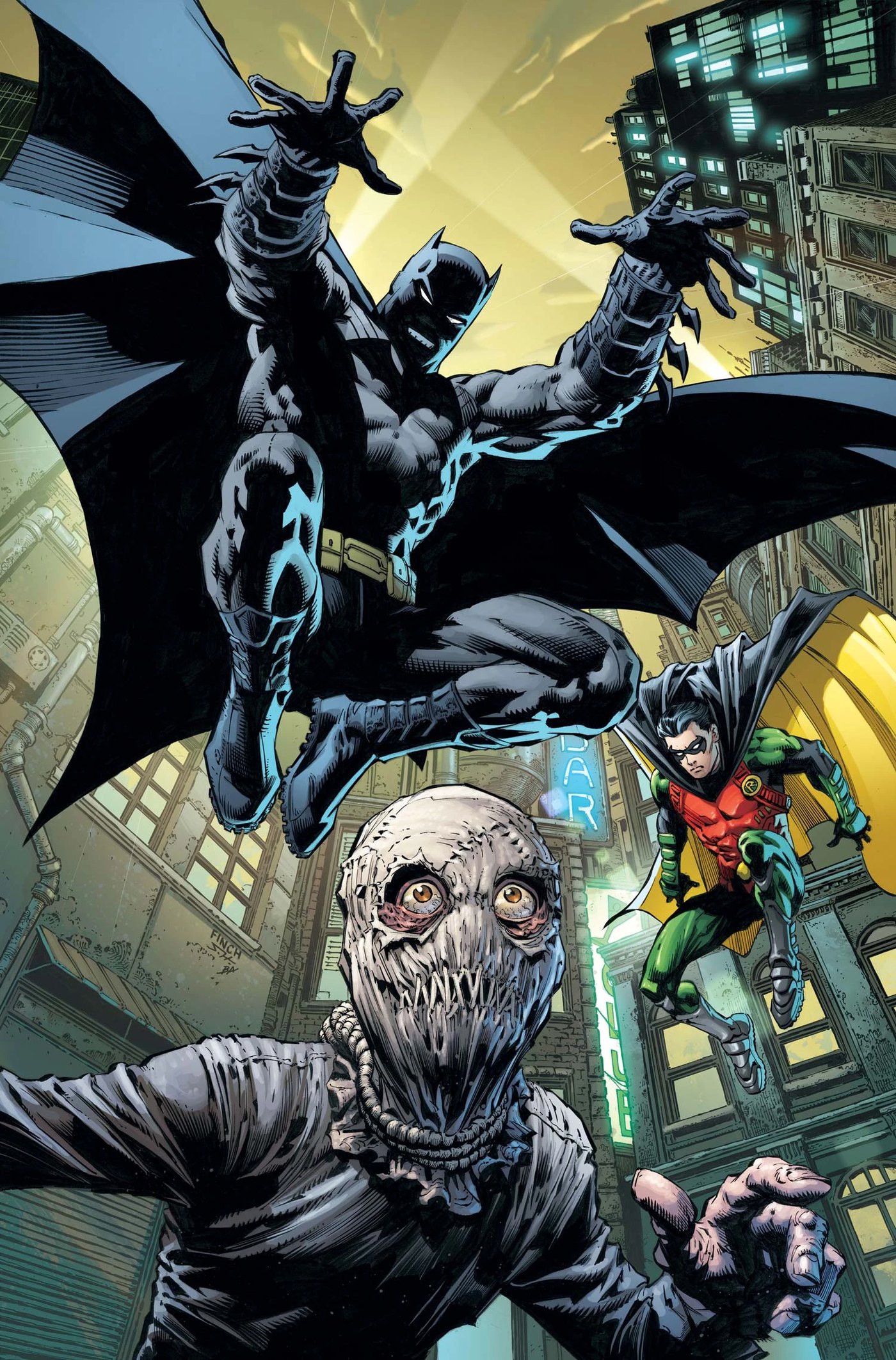 Scarecrow and Batman facing off on a comic cover