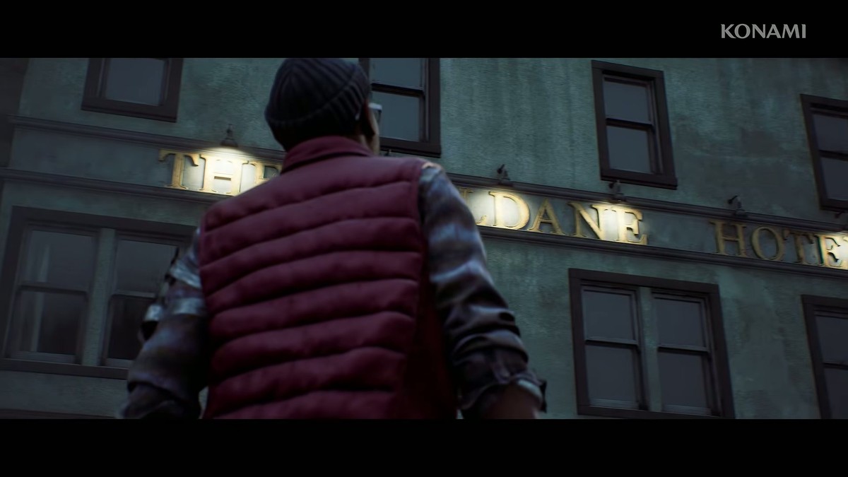 Silent Hill Townfall protagonist looking up at a hotel sign in the fog