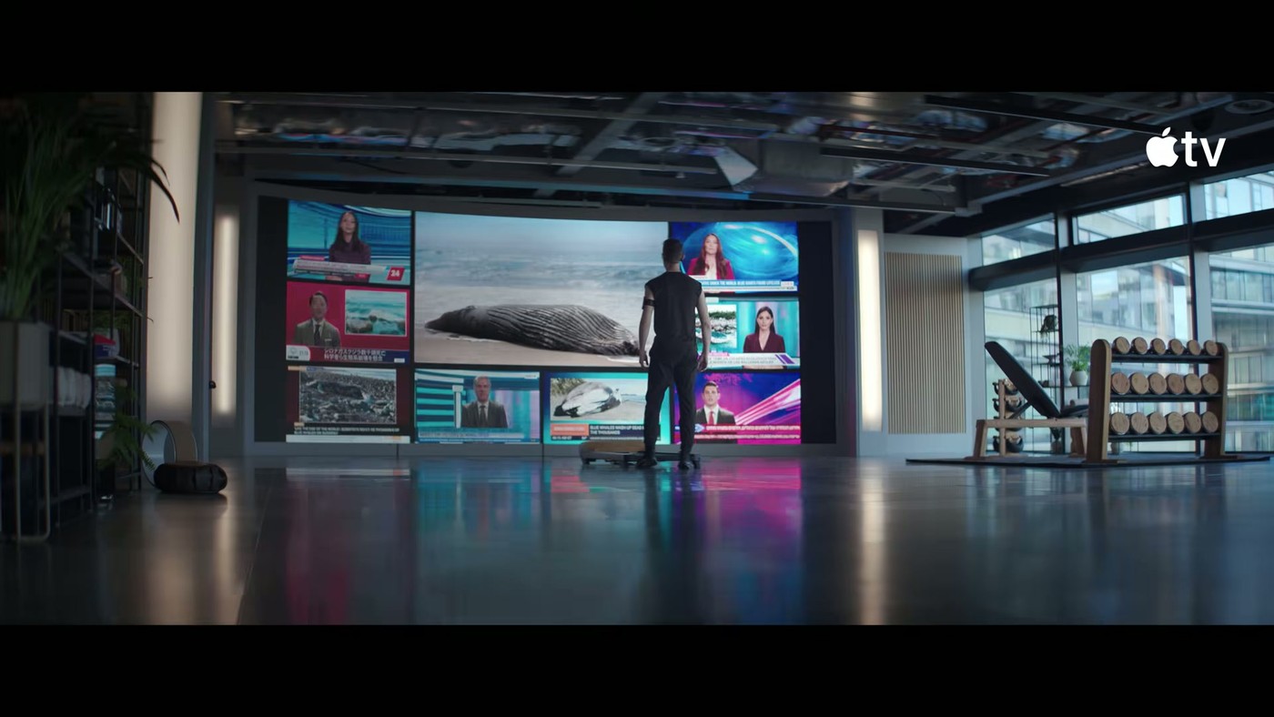 A sleek, brightly lit control room with wall screens in the Silo Season 4 teaser