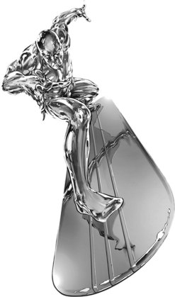 Silver Surfer riding his cosmic surfboard, chrome body glowing with the Power Cosmic