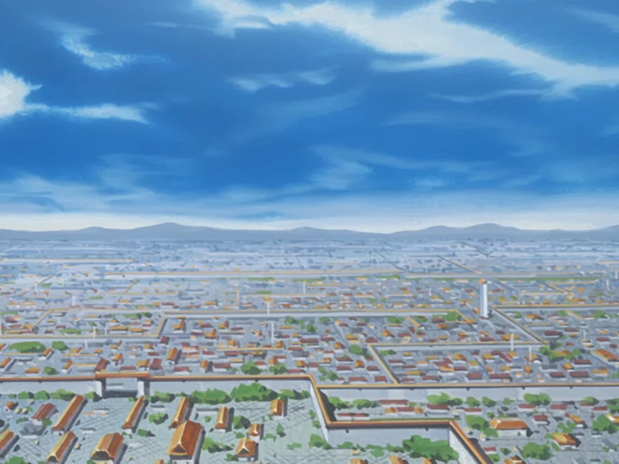 An aerial view of the Soul Society, with Rukongai's districts spreading out beyond the Seireitei's walls, in Bleach