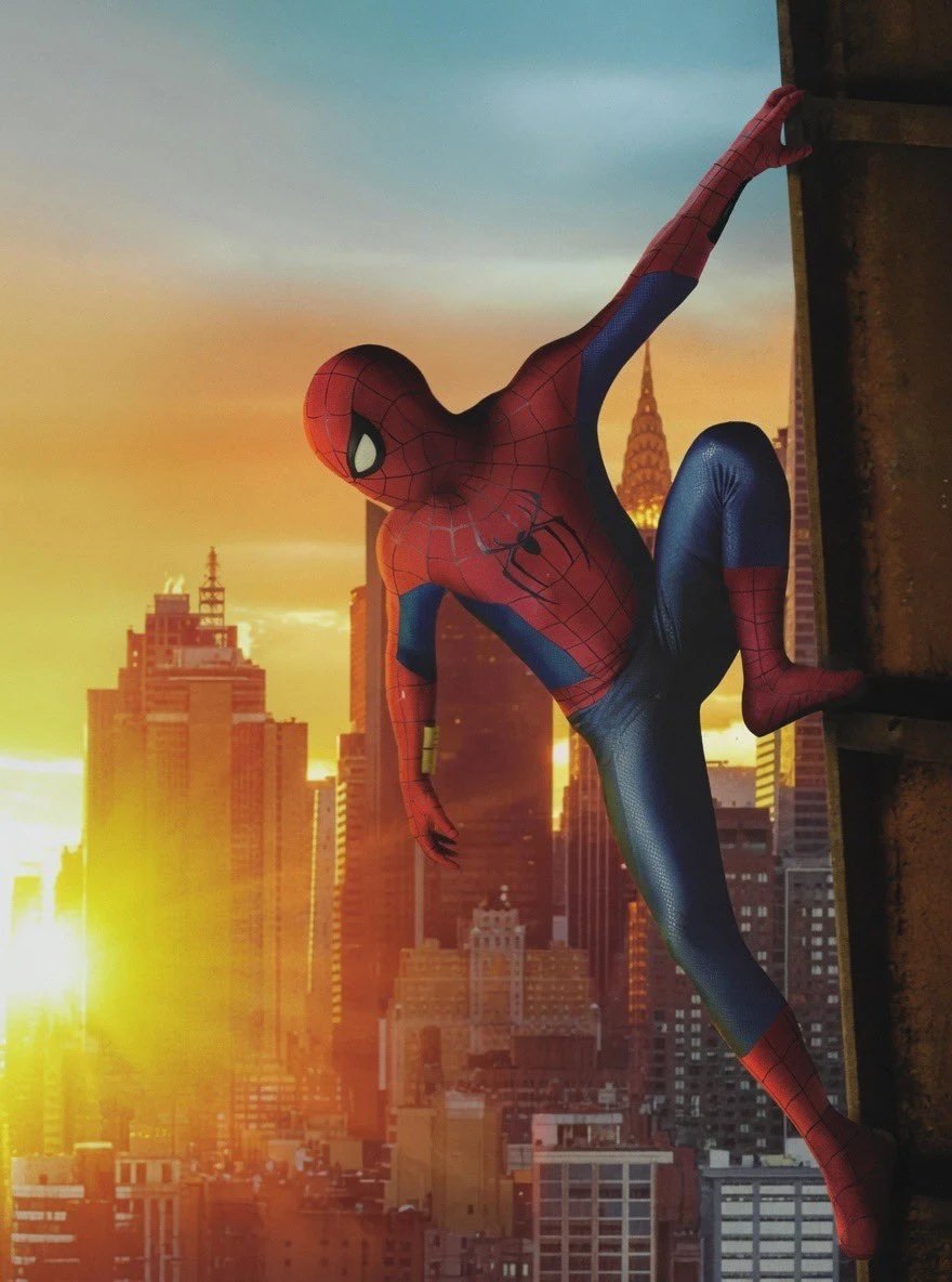 Spider-Man perched on a ledge at sunset in Brand New Day key art
