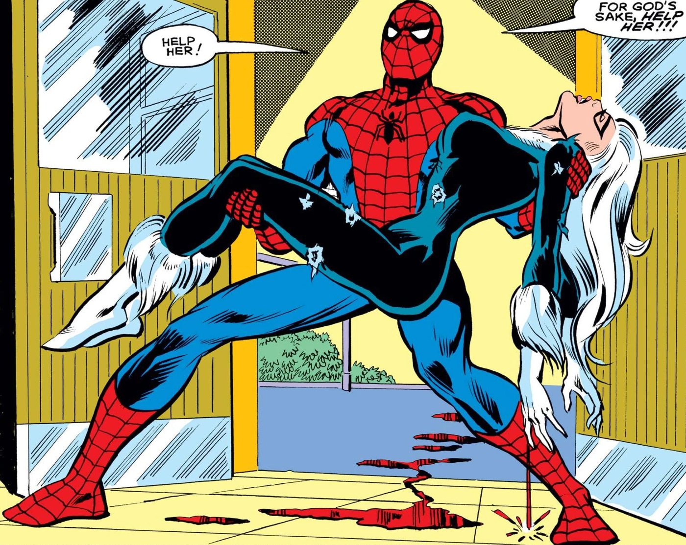 Spider-Man catching Felicia Hardy mid-fall in a rain-soaked building