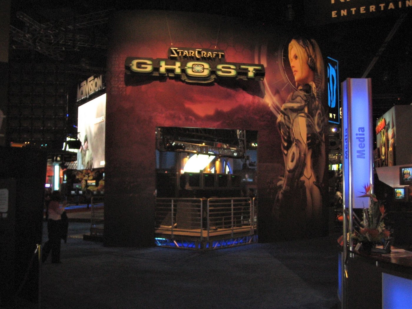 StarCraft: Ghost booth signage at E3 2005, showing the game's logo and character art