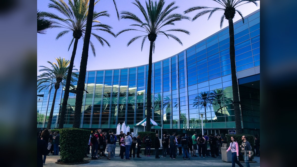Exterior of the Anaheim Convention Center at night, hosting BlizzCon