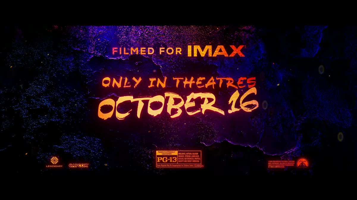 Street Fighter end card reading Filmed for IMAX, only in theatres October 16, rated PG-13