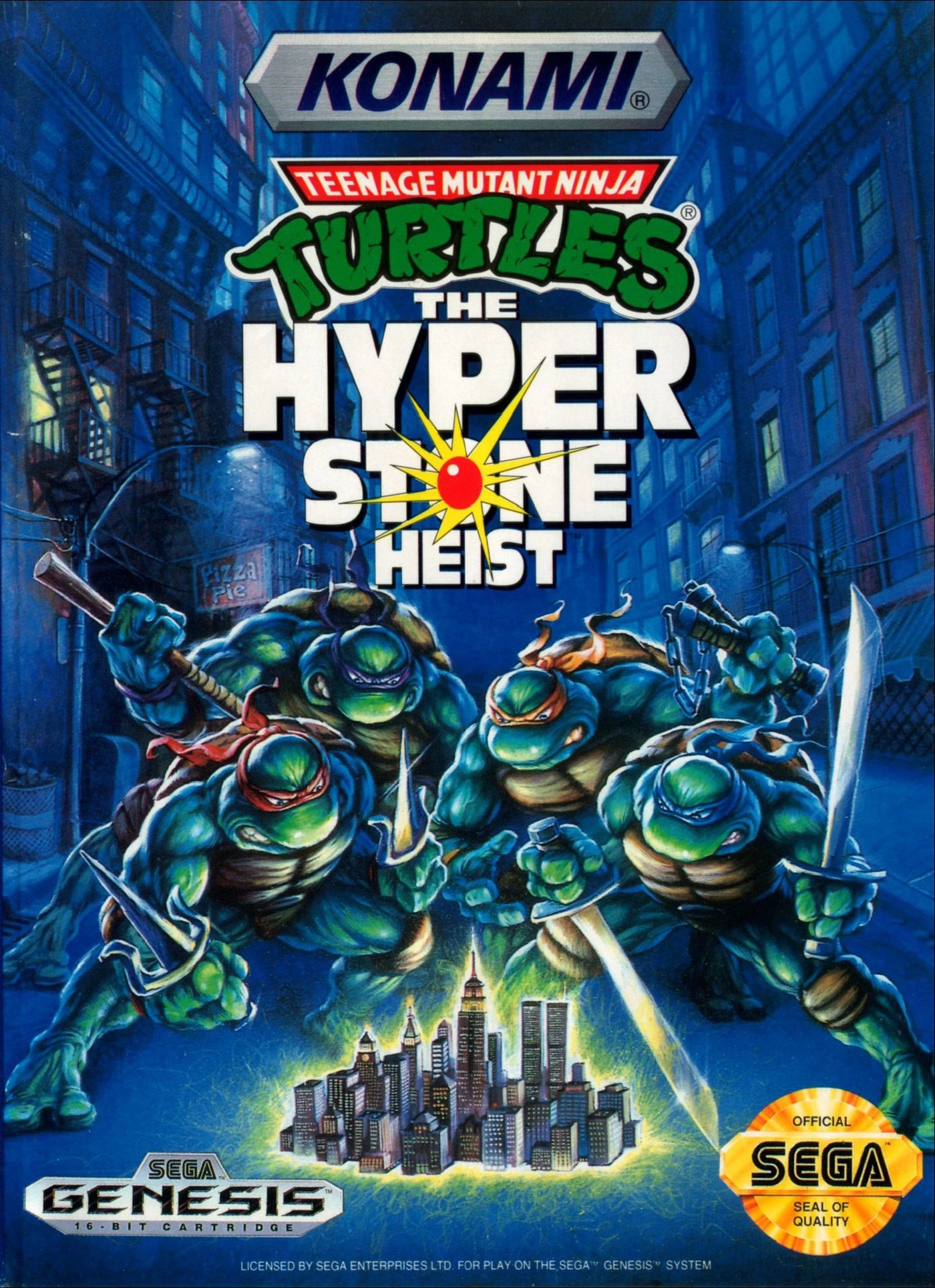Sega Genesis box art for Teenage Mutant Ninja Turtles: The Hyperstone Heist