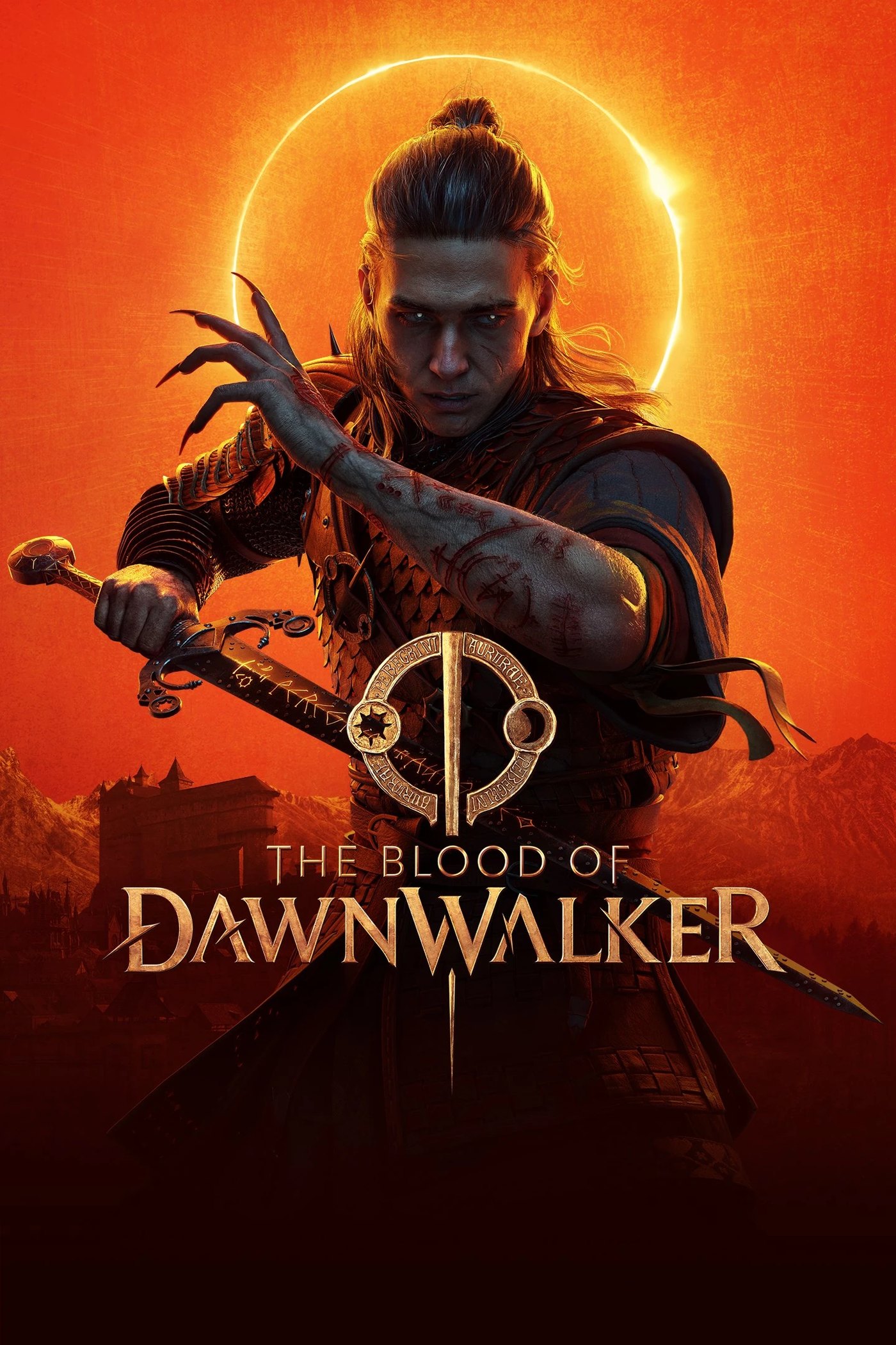 The Blood of Dawnwalker official box art showing Coen with a burning sun behind him