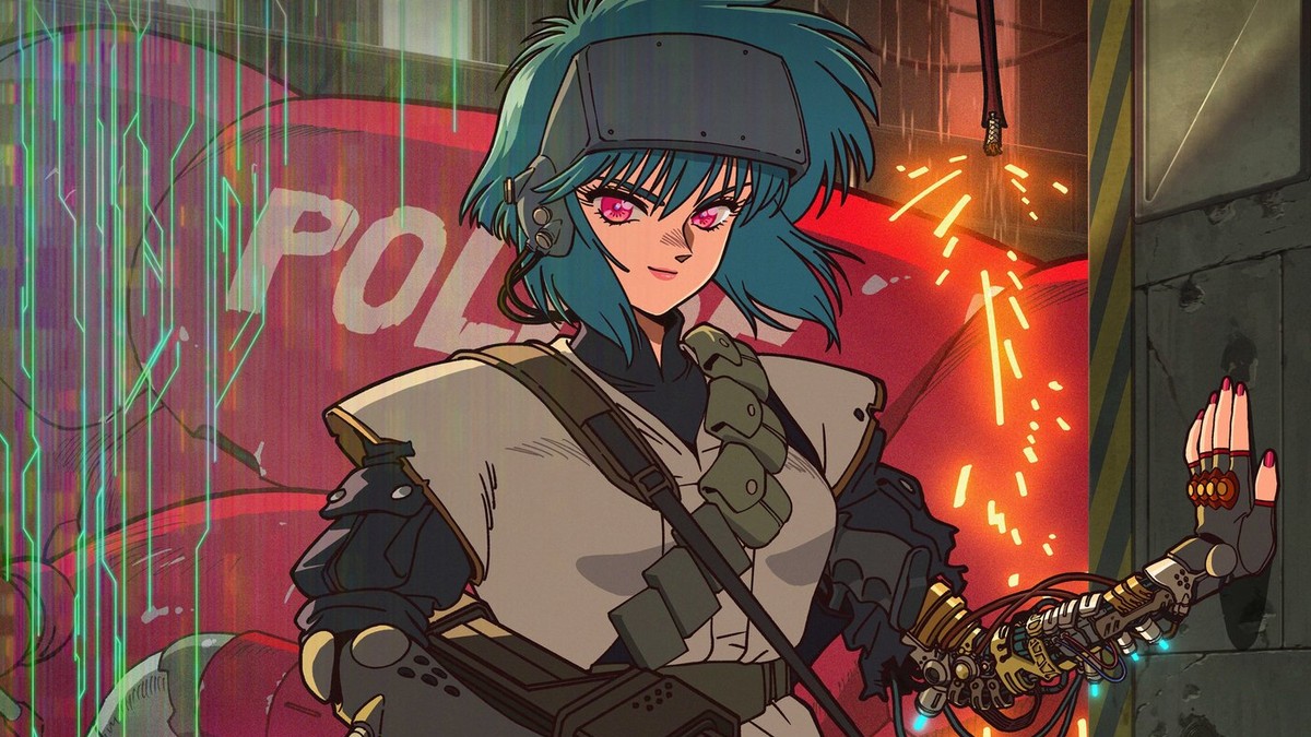 Motoko Kusanagi in the 2026 Science Saru anime design standing in a neon lit street