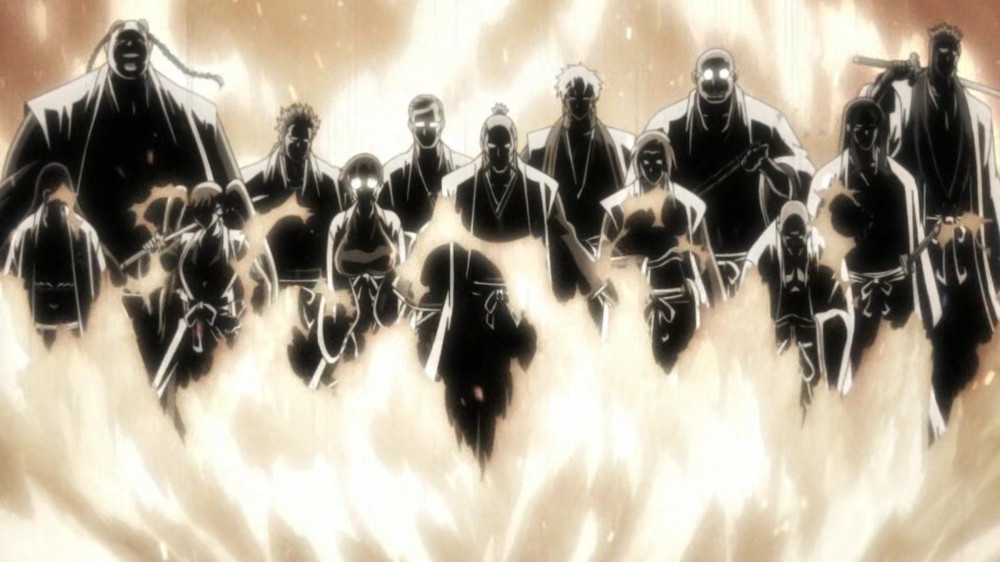 Silhouettes of the Gotei 13 captains, the thirteen squad leaders of the Soul Society's military, in Bleach