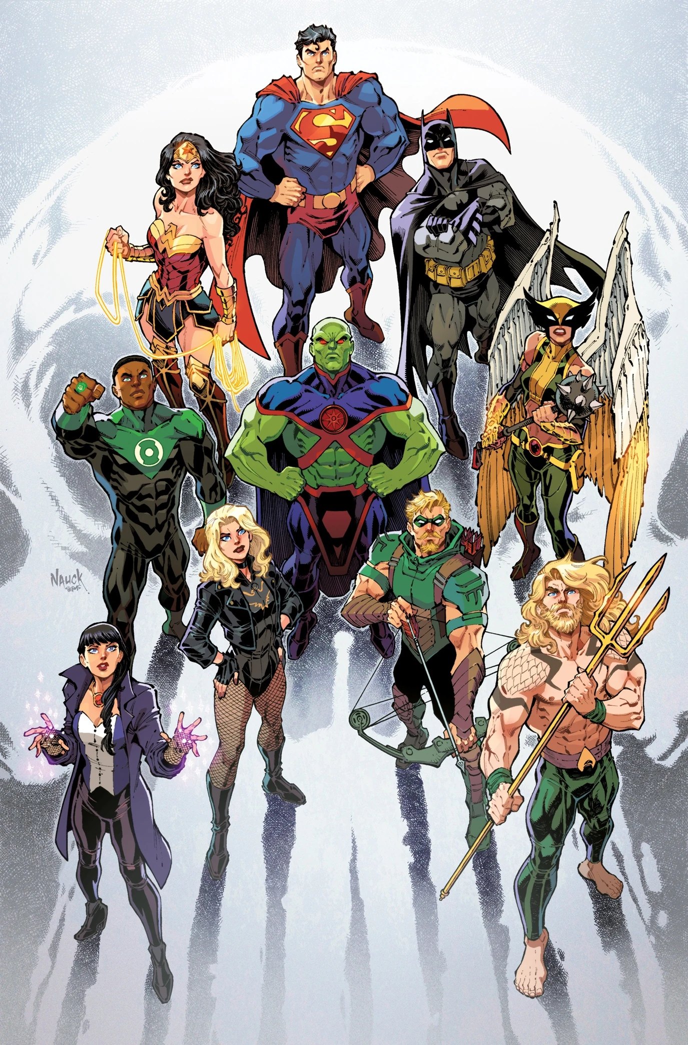 The Justice League team lineup on a DC comic book cover