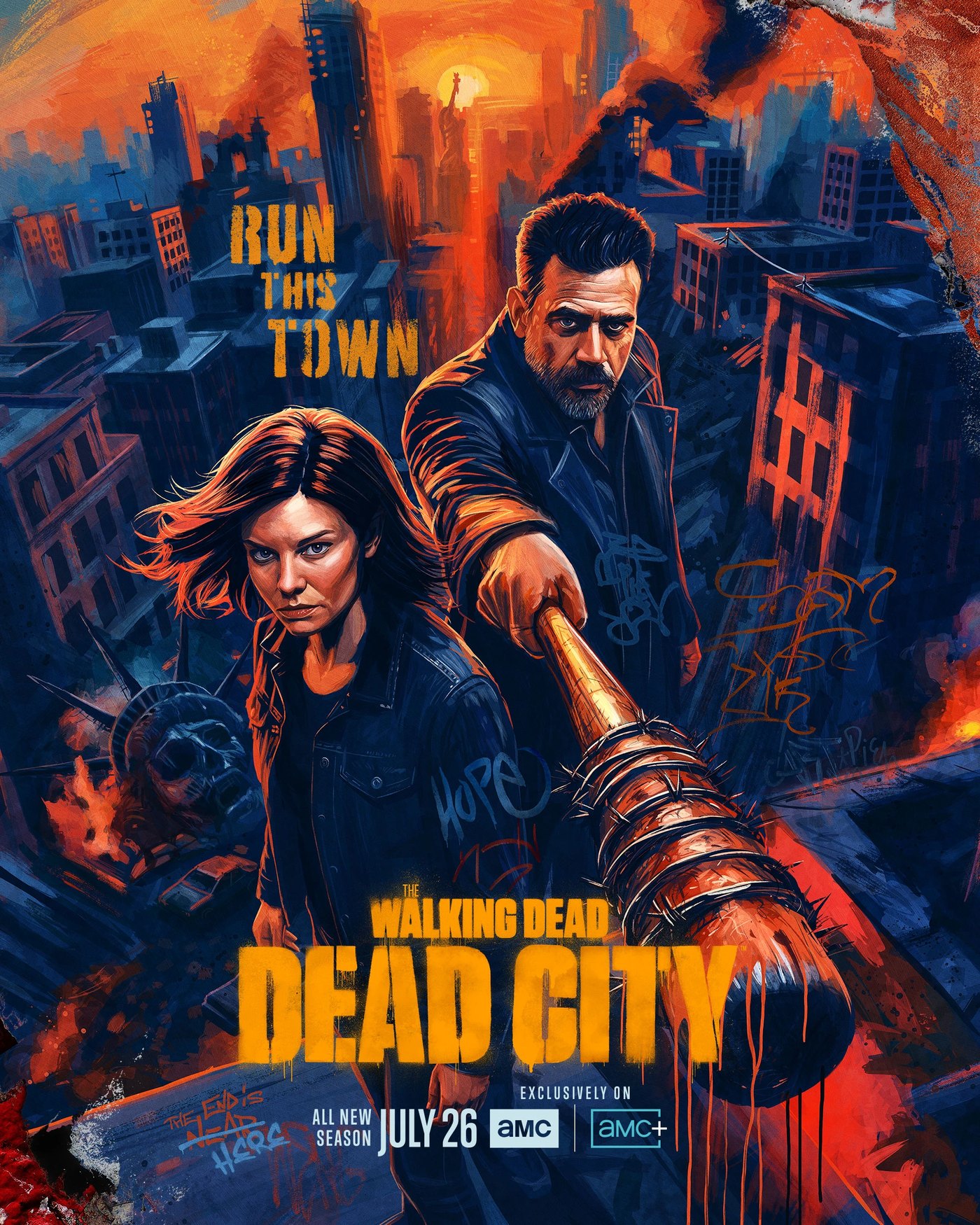 Official season 3 key art for The Walking Dead: Dead City showing Maggie and Negan in a ruined New York City