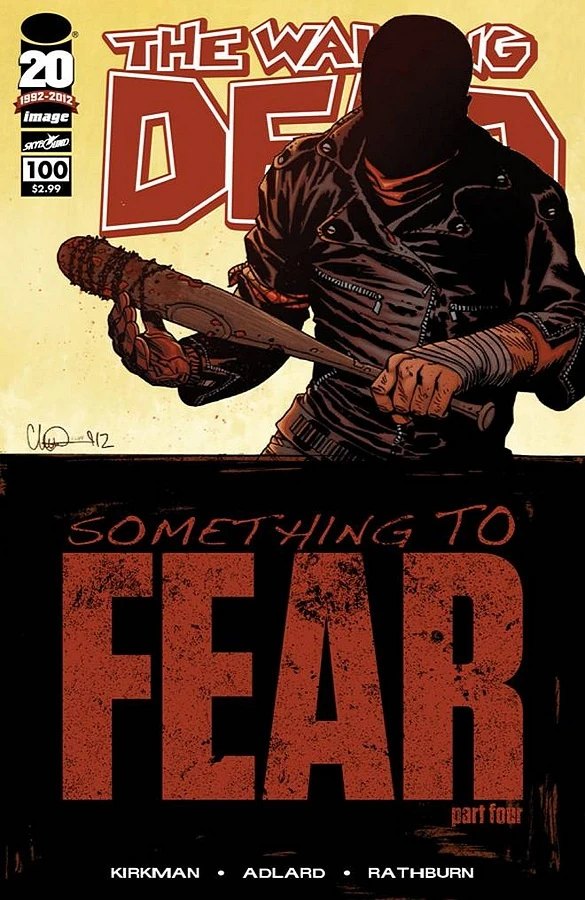 Cover of The Walking Dead #100 by Charlie Adlard, showing Negan holding his barbed-wire bat Lucille