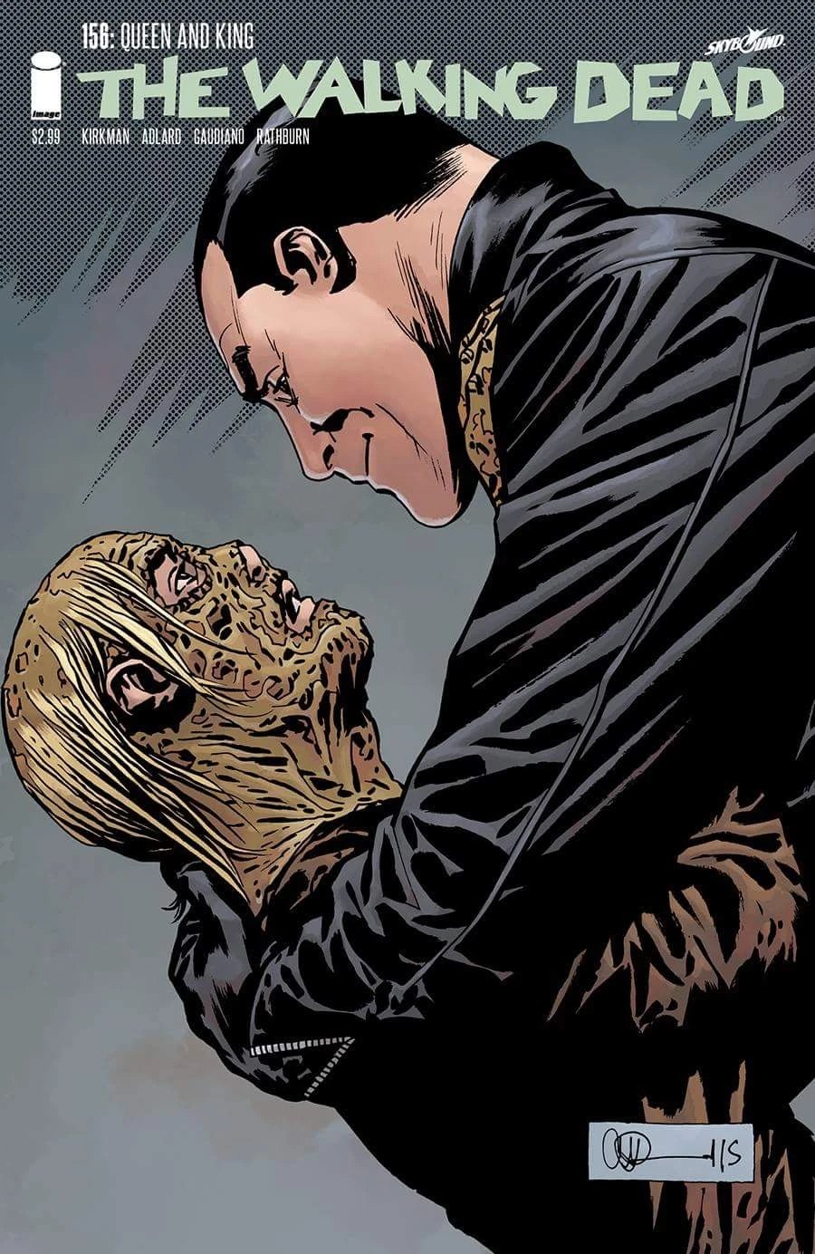 Cover of The Walking Dead #156 showing Negan holding the severed head of the Whisperer leader Alpha