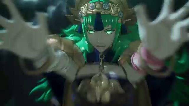 A green-haired, crowned goddess reaching both hands forward