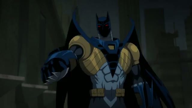 The new armored blue and gold Batman suit with glowing red eyes from Knightfall Part 2