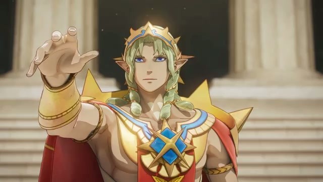 Theodora in gold armor reaching out on palace steps