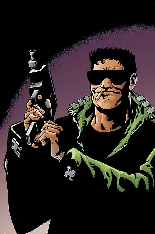 Tommy Monaghan holding a pistol, cigarette in mouth, classic Hitman comic art