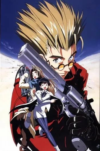 Trigun 1998 anime key art with Vash, Meryl, and Milly