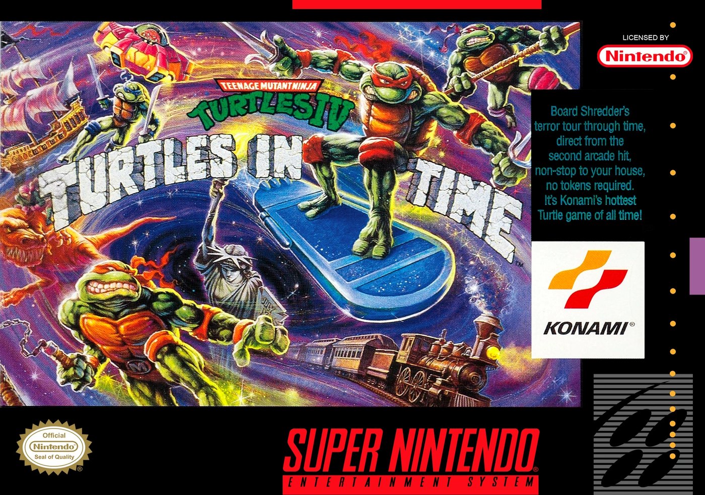 Super Nintendo box art for Teenage Mutant Ninja Turtles IV: Turtles in Time